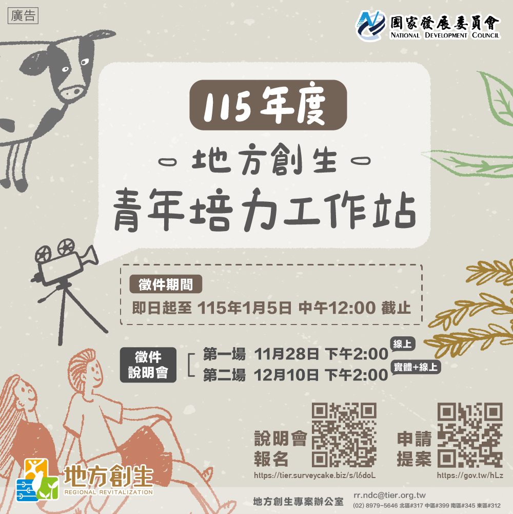 國家發展委員會115年度補助「地方創生青年培...