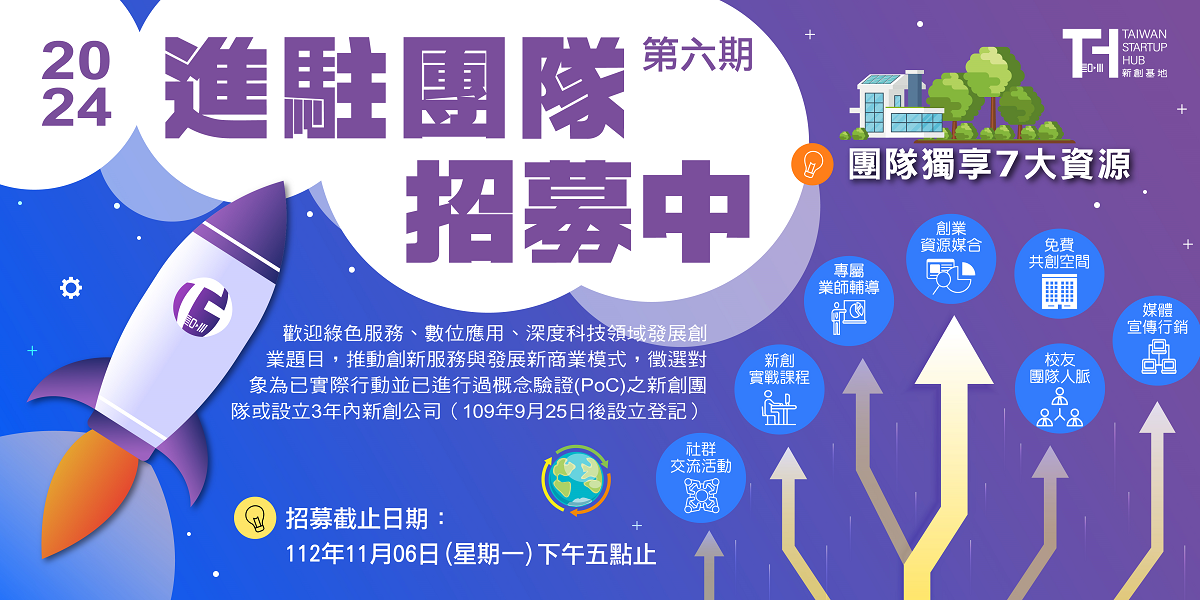 進駐招募 ┃ Taiwan Startup Hub 新創基地第六期進駐團隊招募申請中