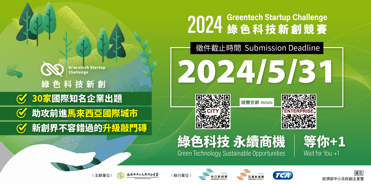 「2024綠色科技新創競賽」即日起開放報名至5月31日止，1國際城市與30家國際企業共出39道題目，歡迎新創踴躍參與解題！