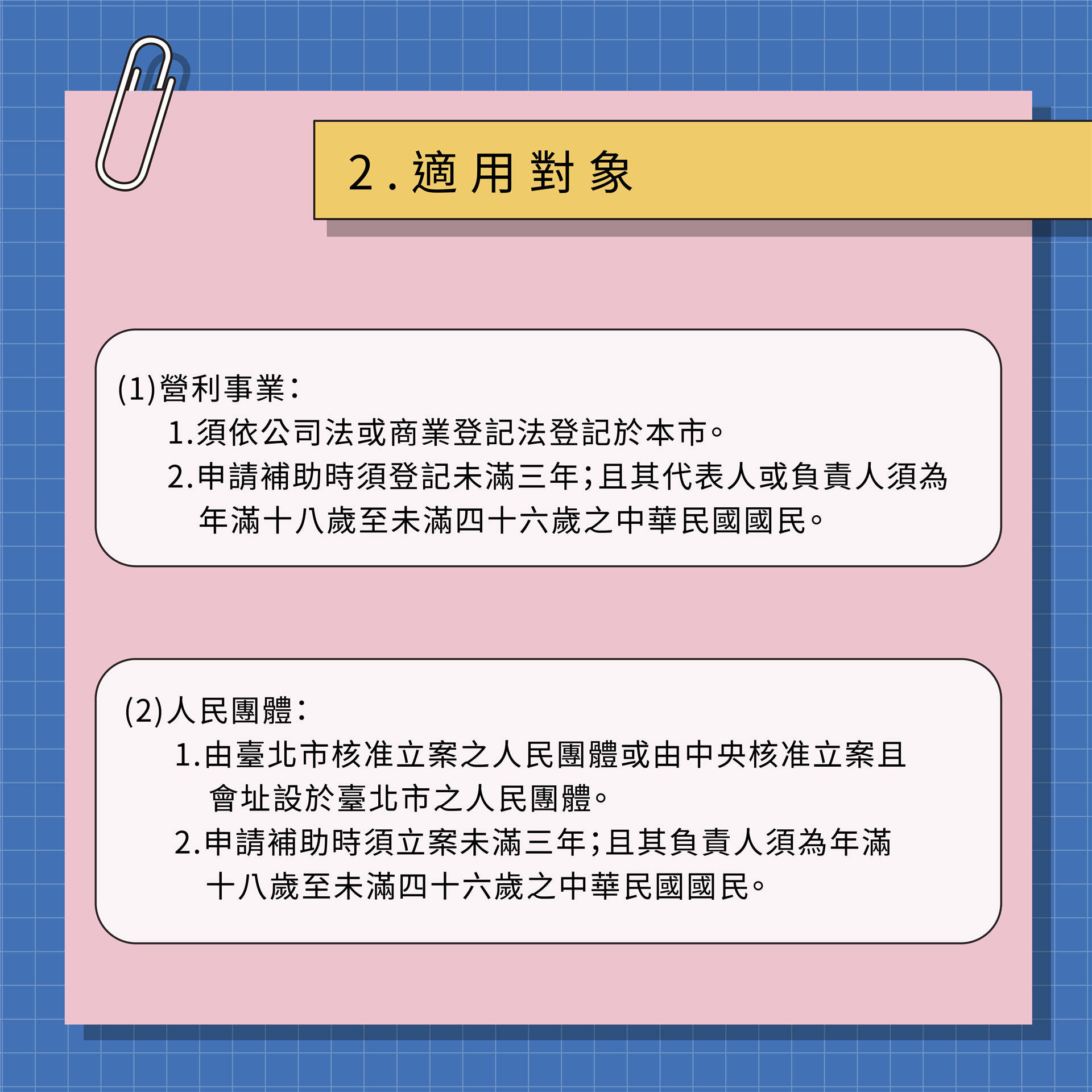 須同時符合包含依法規登記於臺北市資本額一千萬元以下廠商、成立於臺北市或中央立案且服務對象及範圍於臺北市的社會團體、設立登記未滿三年、代表人或負責人為中華民國國籍十八至四十五的國民、未領有其他補助。