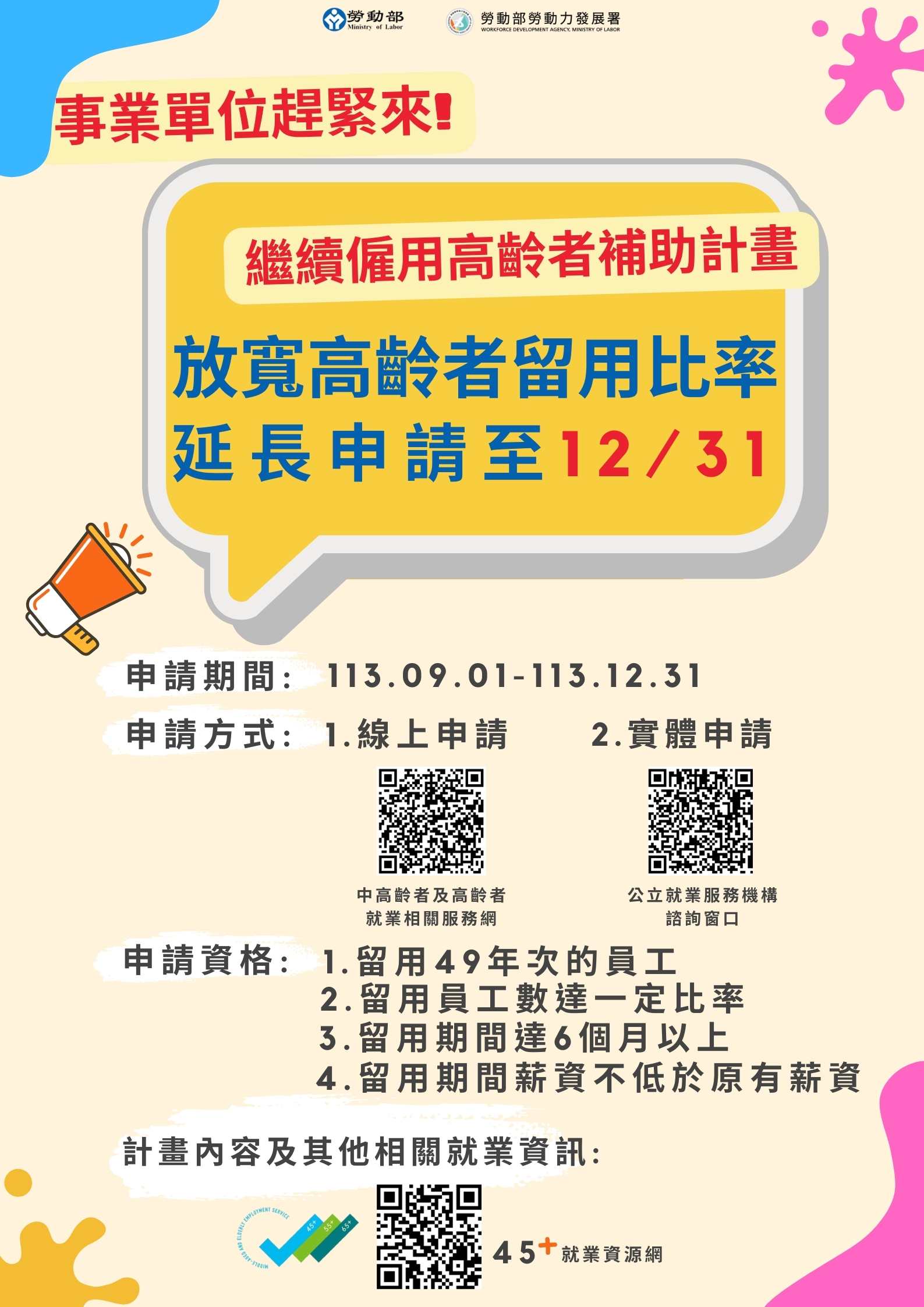 勞動部採三級制放寬補助留用高齡者比率，事業單位年底前趕緊來衝一波