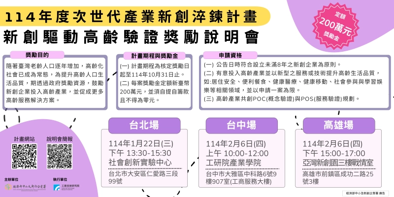 【徵件啟動】114年度新創驅動高齡驗證獎勵開放線上申請至2/27(四)下午5點止 - 圖片 1